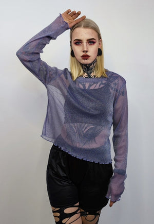 Transparent shiny top ruffle sleeve seethrough blouse purple