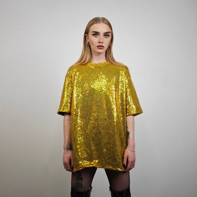 Gold sequin t-shirt glitter top sparkle jumper party pullover glam rock jumper fancy dress embellished going out tee in luminous yellow