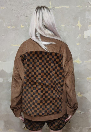 Reworked velvet jacket SKA check fleece patch bomber brown