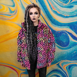 Leopard fleece jacket fluffy rainbow track jacket faux fur animal print bomber festival jacket  rainbow coat pride jacket in pink purple