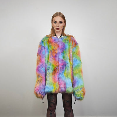 Rainbow faux fur jacket collarless tropical coat bright raver bomber fluffy carnival fleece luminous festival pullover burning man overcoat