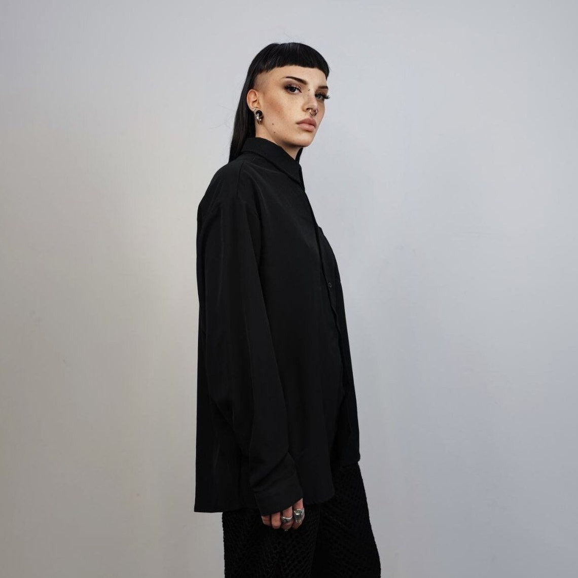 Heart print shirt faux valentines day top going out blouse punk rocker jumper long sleeve gothic pullover button up party shirt in black