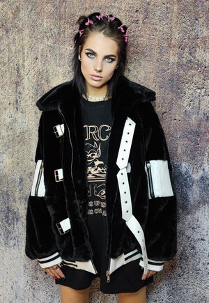 Faux fur utility jacket buckle strap bomber gorpcore coat