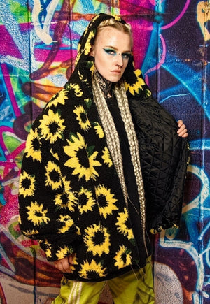 Sunflower fleece hooded jacket handmade floral fluffy coat