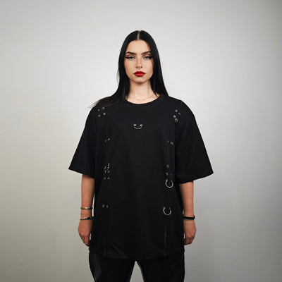 Studded t-shirt black gothic top chain finish blouse pierced rocker tee shoulder padded jumper edgy oversize top grunge punk pullover