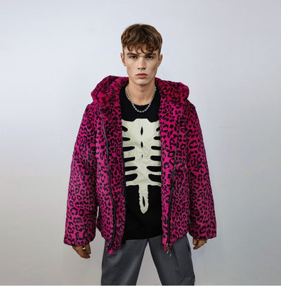 Hooded faux fur leopard jacket animal print bomber bright raver coat fluffy cheetah fleece festival puffer neon burning man overcoat green