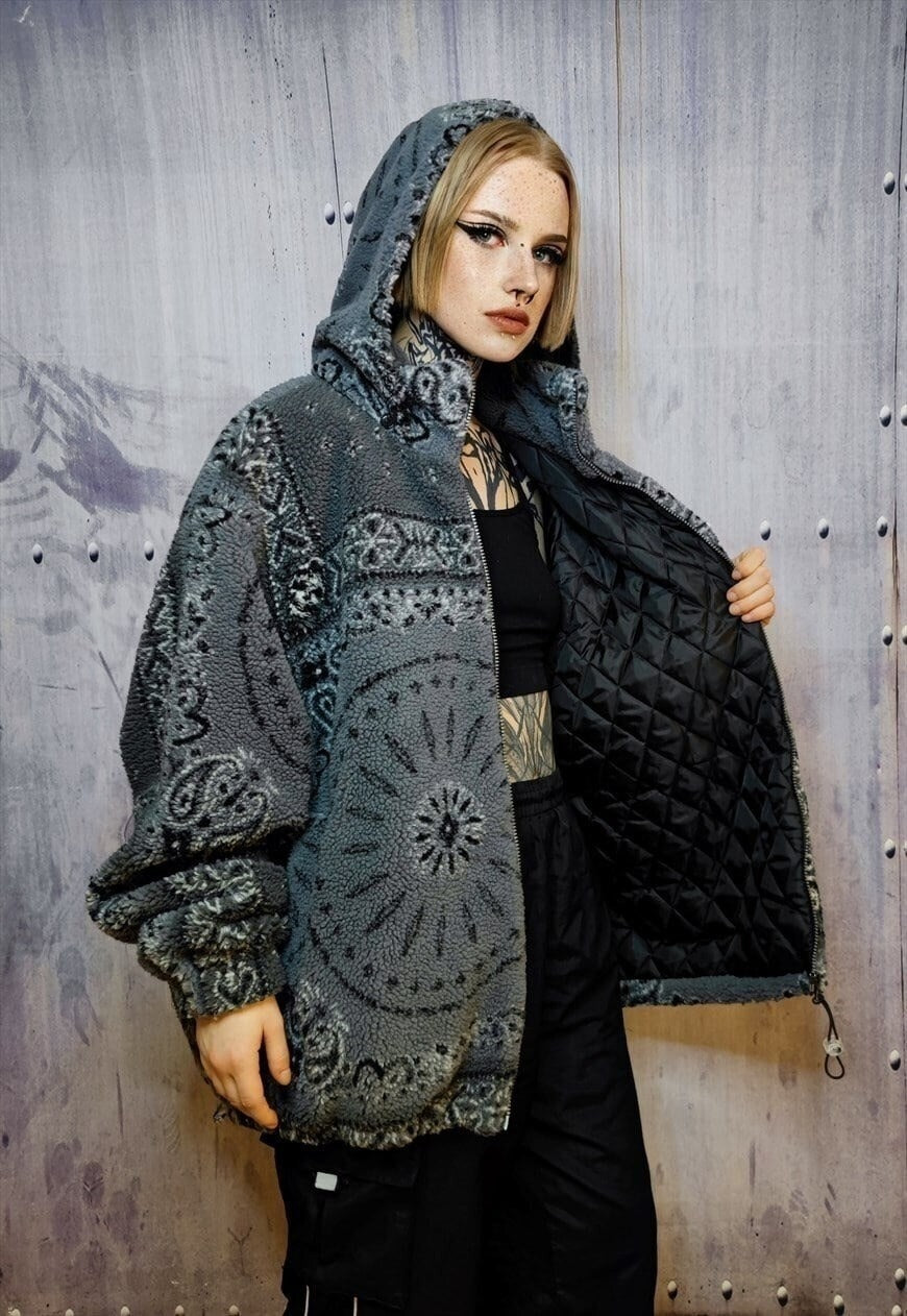Paisley fleece hooded jacket handmade bandanna fluffy bomber