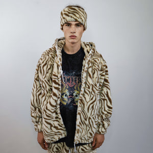 Tiger print hooded jacket handmade detachable faux fur animal print bomber stripe pattern fleece party coat festival zebra hoodie in cream