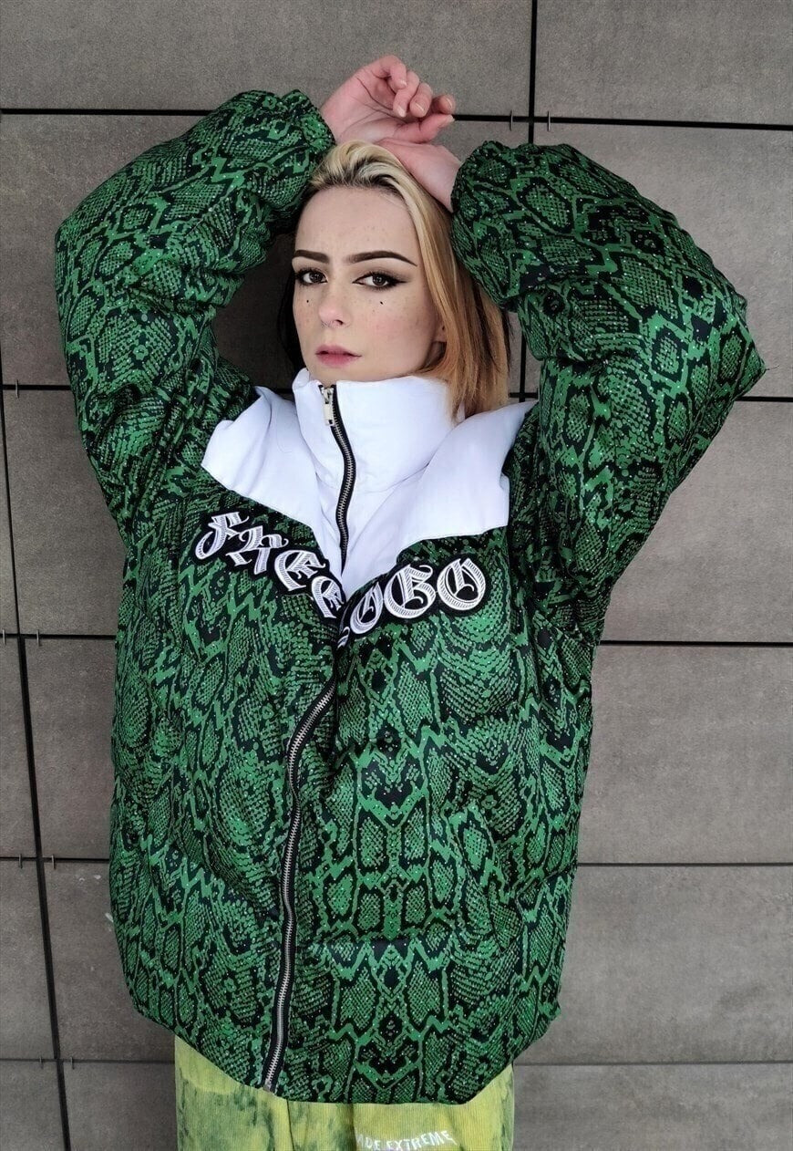 Snake print bomber python puffer rave jacket in green white