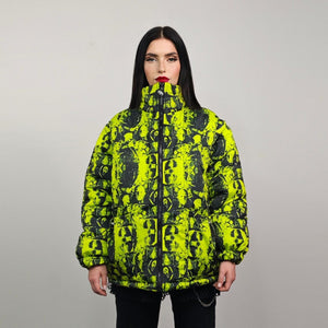 Horror fan jacket creepy print bomber green reversible punk college varsity detachable sleeves handmade gothic puffer hooded festival coat