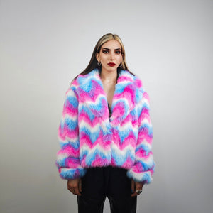 Rainbow faux fur coat crop striped trench festival zigzag jacket furry overcoat carnival bomber party peacoat psycho wide rave fleece pink