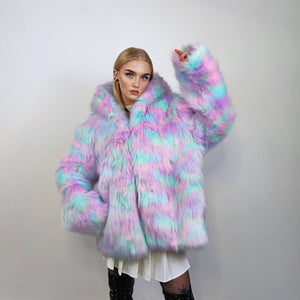 Hooded candy faux fur jacket unicorn bomber neon raver puffer fluffy tie-dye fleece psychedelic festival coat burning man party trench pink