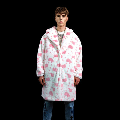 Cow print long coat hooded spot trench fluffy rave bomber detachable fleece festival removable sleeves burning man jacket pastel pink