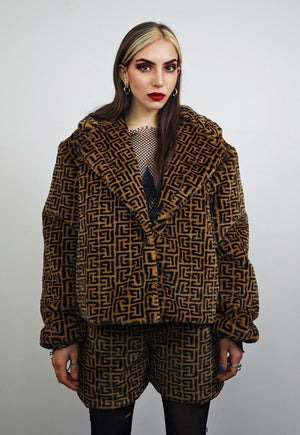 Arabic pattern trench coat brown cropped fleece rock jacket