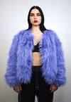 Shaggy fur coat blue hooded cropped trench festival jacket