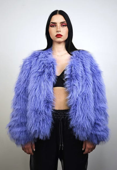 Shaggy fur coat blue hooded cropped trench festival jacket