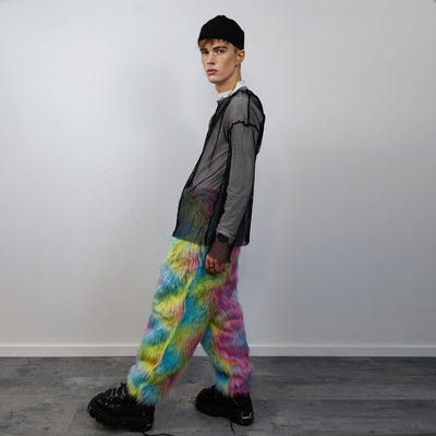 Rainbow faux fur joggers unicorn raver pants fluffy psychedelic trousers ski fleece tie-dye overalls festival bottoms burning man pants blue