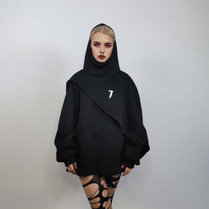 Gothic cape raised neck punk hoodie utility poncho gorpcore cloak asymmetric pullover cyberpunk ninja jumper Japanese Yamamoto sweatshirt