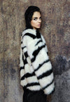 Collarless faux fur jacket fluffy zebra coat stripe bomber