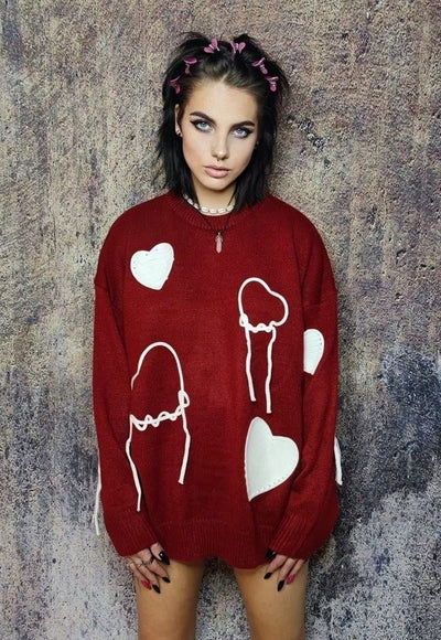 Heart sweater knitted grunge jumper fleece patch top in red