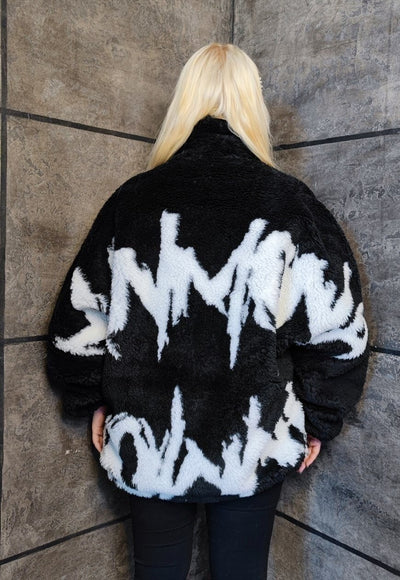 Graffiti fleece jacket faux fur stripe fluffy bomber black