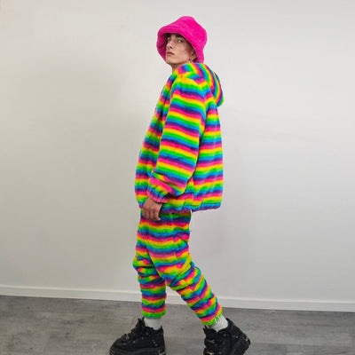 Striped rainbow fleece jacket psychedelic hood festival glitch rave bomber carnival overcoat LGBT jumper gay pride pullover burning man top