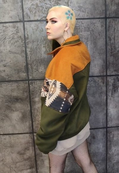 70s Aztec varsity jacket suede feel bomber in khaki green