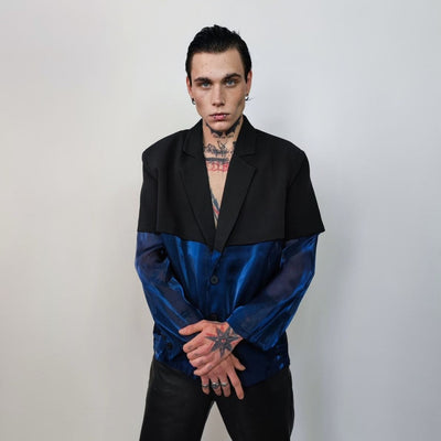 Transparent blazer see-through jacket going out coat fancy dress bomber catwalk blazer sheer glam rocker top satin varsity in blue black