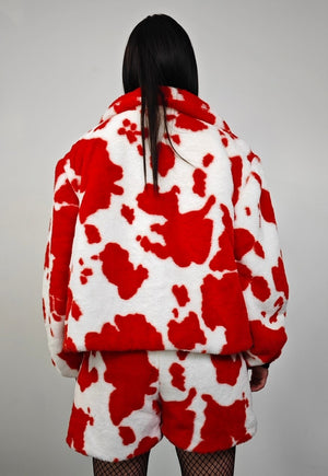 Short cow print coat red cropped animal print trench jacket