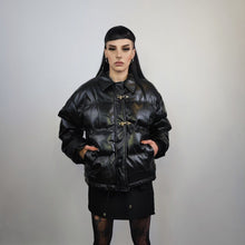 Charger l&#39;image dans la galerie, Faux leather bomber jacket utility punk bomber gorpcore coat going out PU puffer varsity fancy dress coat catwalk jacket in black