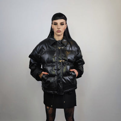 Faux leather bomber jacket utility punk bomber gorpcore coat going out PU puffer varsity fancy dress coat catwalk jacket in black