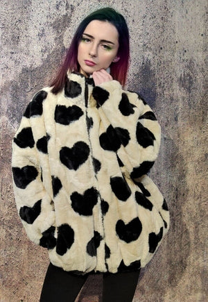 Faux fur heart coat retro fluffy fleece grunge bomber cream