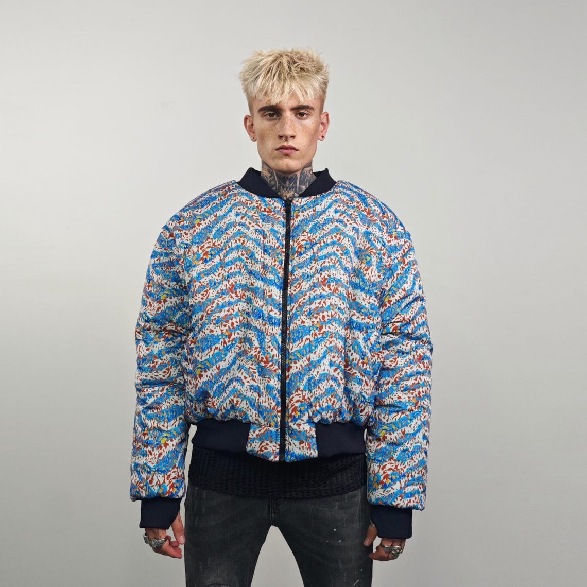 Neon leopard bomber animal print jacket fluorescent reversible college varsity detachable sleeves handmade rave puffer cyber festival coat