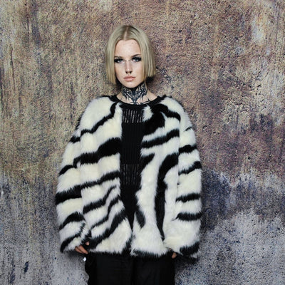 Zebra faux fur coat fluffy striped trench jacket short shaggy animal print bomber festival varsity party fleece peacoat catwalk duffle white