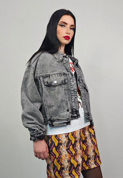 Cropped denim jacket acid grey short jean raver bomber