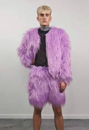 Shaggy fur shorts purple fuzzy cropped festival trousers