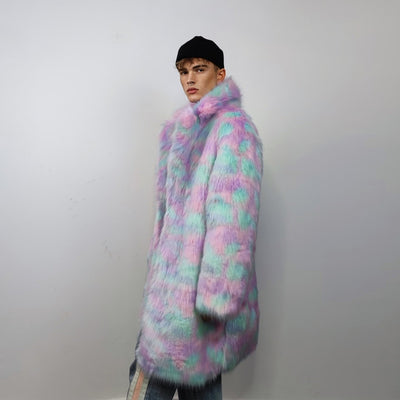 Candy faux fur long coat unicorn trench neon raver bomber fluffy tie-dye fleece psychedelic festival jacket burning man going out coat pink