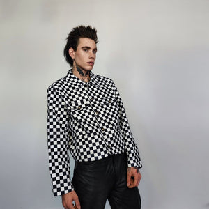 Button up check bomber jacket Chequerboard varsity SKA aviator chess pattern coat in black and white