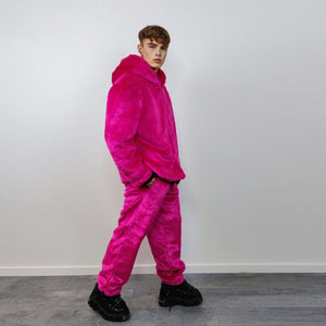 Neon faux fur joggers winter raver pants fluffy skiing trousers mountain fleece overalls festival bottoms burning man pants in fuchsia pink