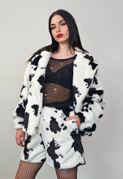 Cow print shorts white faux fur mini cropped pants