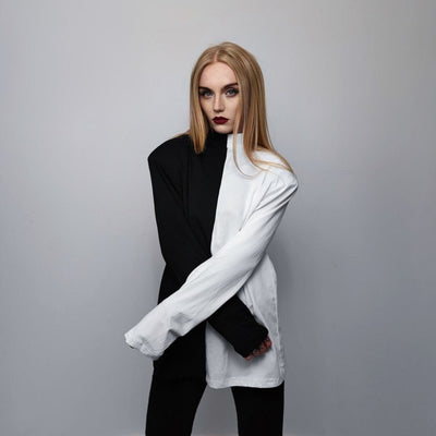 Color block top half white half black t-shirt long sleeve gothic turtleneck divided punk sweatshirt shoulder padded utility jumper black