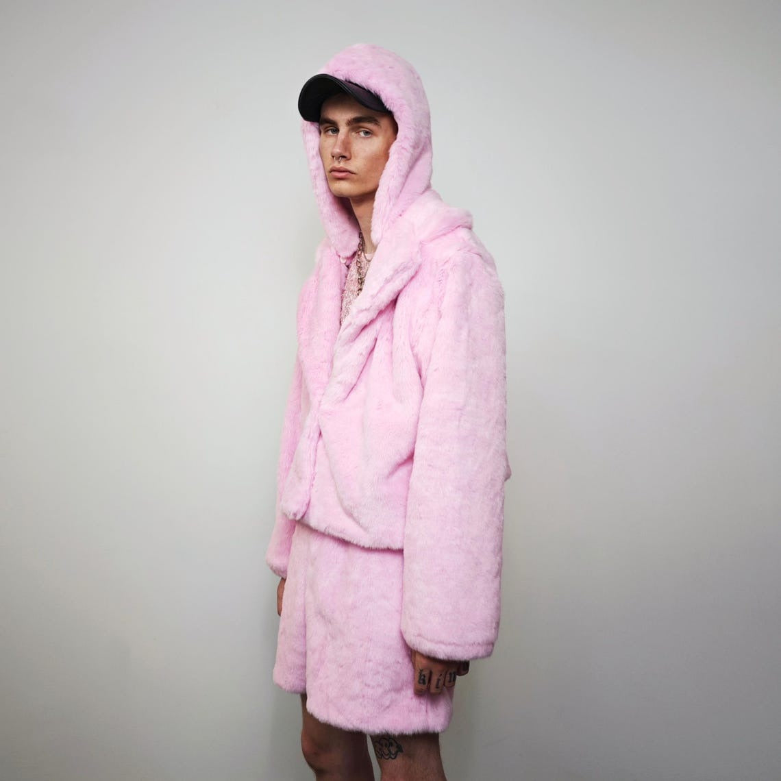 Faux fur shorts pastel pink fuzzy cropped pants hairy trousers handmade solid pattern party joggers fluffy skater festival set