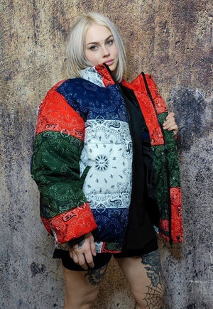 Paisley bomber jacket bandanna puffer cashew coat in red