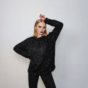 Fluffy sweater glitter jumper sparkly sweatshirt party pullover glam rock long sleeve top fleece sweater in black silver