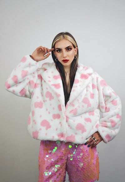 Cow trench coat pink white cropped animal print plush jacket