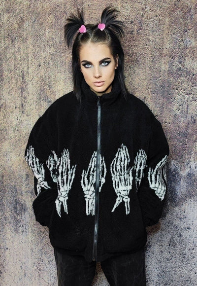 Bones fleece jacket faux fur grunge skeleton bomber in black