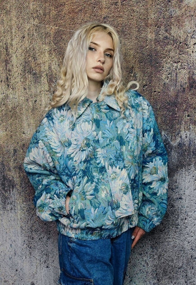 Floral print denim jacket shoulder padded crop jean bomber