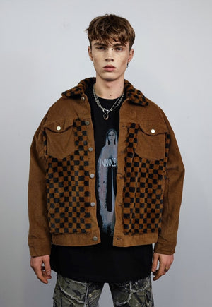 Checked velvet jacket SKA fleece patch bomber in brown