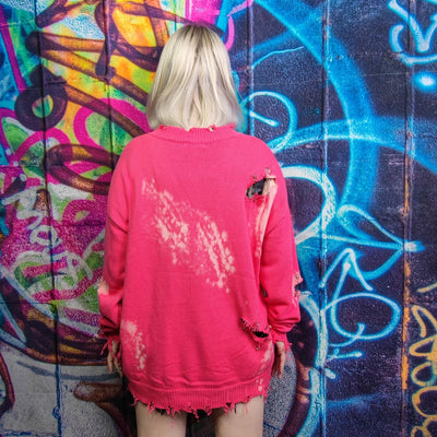 Tie-dye distressed sweater knitted ripped top paint splatter bleached jumper metal pin pullover long sleeve barbie top gradient sweater pink