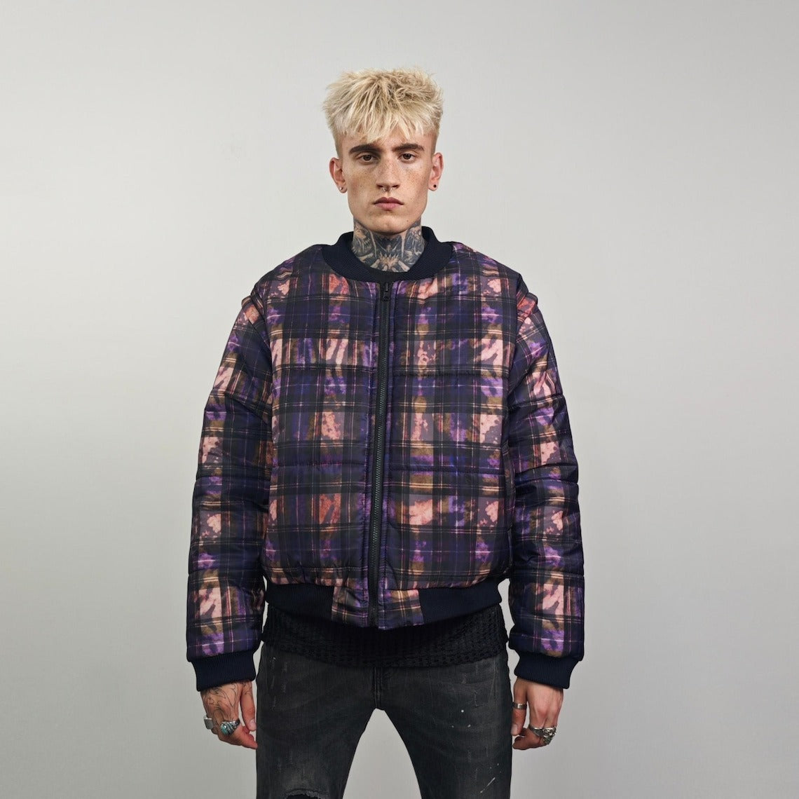 Tie-dye check bomber green brat jacket raver reversible college varsity detachable sleeves handmade plaid puffer grunge punk rocker coat